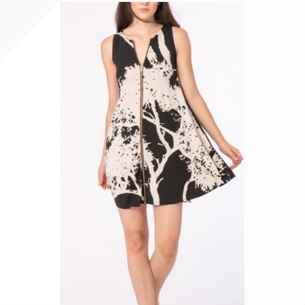 Anthropologie Bel Kazan Womens Black Print Zip Sleeveless Swing Mini Dress XS